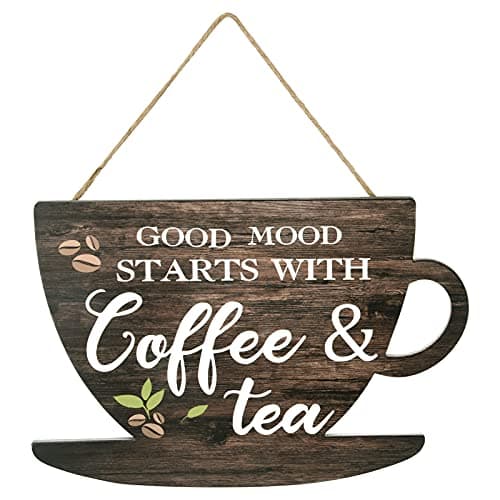 Image of AUXSOUL Coffee Sign Good Moon Starts with Coffee & Tea Hanging Plaques for Kitchen Pictures for Wall Hanging Plaque Wooden Sign Farmhouse Decorative for Kitchen Bar Decor