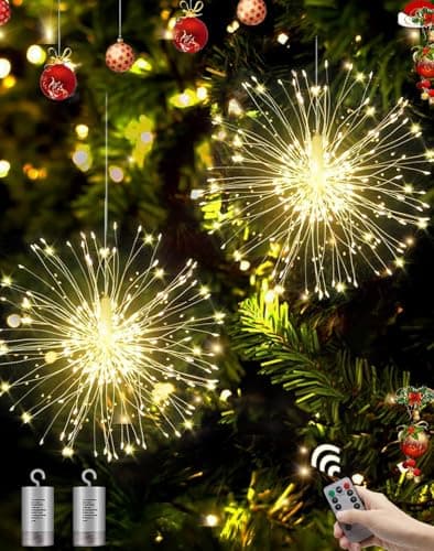 Image of Joysing Firework Lights 2 Pack 180 LED Starburst Lights Battery Operated with Remote, 8 Modes Christmas Lights Waterproof Outdoor Hanging Christmas Decorations for Garden Party Wedding- Warm White