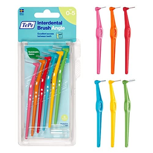 Image of TePe Interdental Brush Angle, Mixed Pack, 0.4-0.8mm/ISO 0-5, 6pcs, Interspace Cleaning, Plaque Remover for Teeth with Narrow to Small Gaps