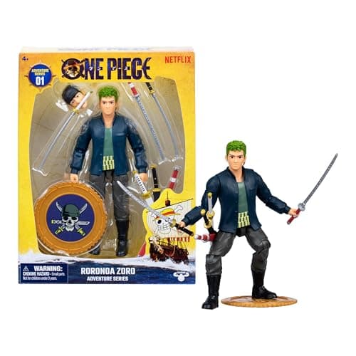 Image of One Piece Zoro 6" (15.24cm) Action Figure with 5 Accessories. Includes Swappable Swords, Sword Holder, Swappable Face, and Berry Coin Display Base