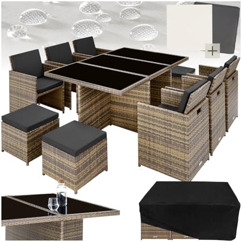 Image of tectake Polyrattan Garden Furniture Set with Aluminium Base, Including 6 Dining Chairs, 1 Table, 4 Stools, Foldable Garden Lounge Set, For Up To 10 People, Patio Furniture - natural
