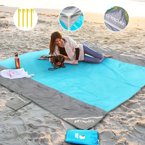 Image of COVACURE Beach Blanket Mat with 3 Zipper Pockets, Extra Large 210 x 200cm Water Resistant Sand Proof Picnic Blanket for Camping, Hiking, Picnic (Blue)