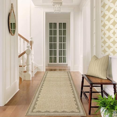 Image of Runner Rugs for Hallway 60x230cm Washable Kitchen Rug Non Slip, Low Pile Modern Scalloped Soft Indoor Carpet, Stain Resistant Foldable Floor Mat for Entryway, Laundry Room, Bathroom, Linen
