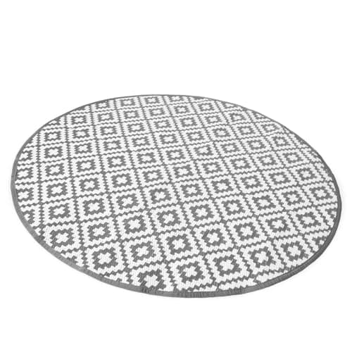 Image of Dreamscene Round Outdoor Rug Geometric Trellis, Grey White Garden Mats Foldable Garden Outdoor Rugs Water Resistant Easy Storage Summer Patio Decking Reversible, 170cm