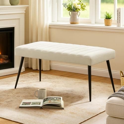 Image of LEMROE Velvet Padded Dining Bench, Vintage End of Bed Upholstered Seat with Metal Legs for Entryway, Window Seat for Bedroom Living Room, 100cm (Cream)