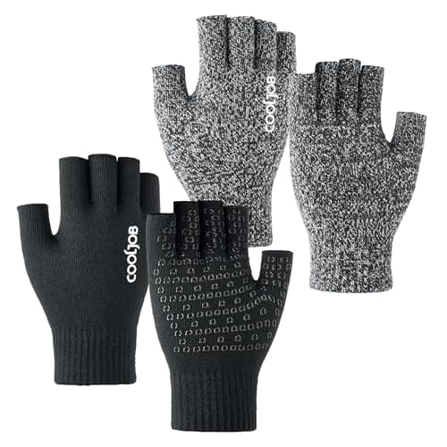Image of COOLJOB Winter Warm Gloves for Men and Women, Fingerless Thermal Knitted Gloves with Anti Slip Silicone Dots, Running, Driving, Cycling, Walking, Hiking, Jogging, Camping, 2 Pairs