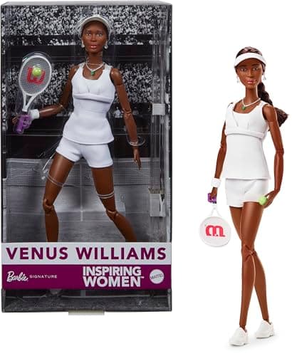 Image of Barbie Inspiring Women Series, Venus Williams Fashion Doll With Signature Tennis Uniform and Racket, Includes Displayable Packaging, HRM49