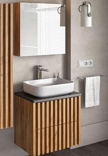 Image of 600mm Lamella Oak Wall-Hung Bathroom Vanity Unit with White Countertop Basin Sink – Stylish & Elegant Design for Cloakroom