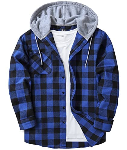 Image of JACKETOWN Mens Plaid Shirts Casual Flannel Checked Shirt Hooded Long Sleeve with Pocket Button Down Jacket Lumberjack Work Shirt Regular Fit 4 Seasons Blue