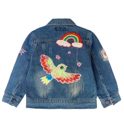 Image of Peacolate 3-11Years Little Big Girls Embroider Rainbow Birds and Flowers Denim Jacket(7-8Years)