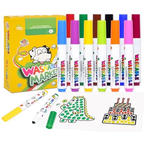 Image of Elezeal Washable Markers - 12 Assorted Colours Rounded Felt Tip Art Chunky Pens, Washable Easy-Grip Colouring Pens Kit with Small Dot for Drawing, Colouring, and Crafting