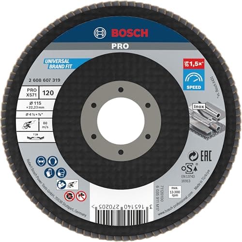 Image of Bosch Accessories 2608607319 X571 Angled Flap Disc for Metal, 115mm Ã˜, 120 Grit, Black/Brown