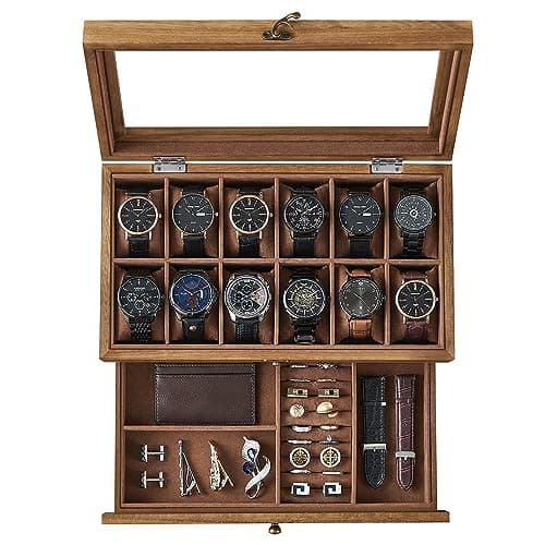 Image of SONGMICS Watch Box with 12 Slots, 2-Tier Wood Watch Case with Large Glass Lid, Watch Pillows, Velvet Lining, Jewellery Box, Gift for Loved Ones, Rustic Walnut JOW012K01