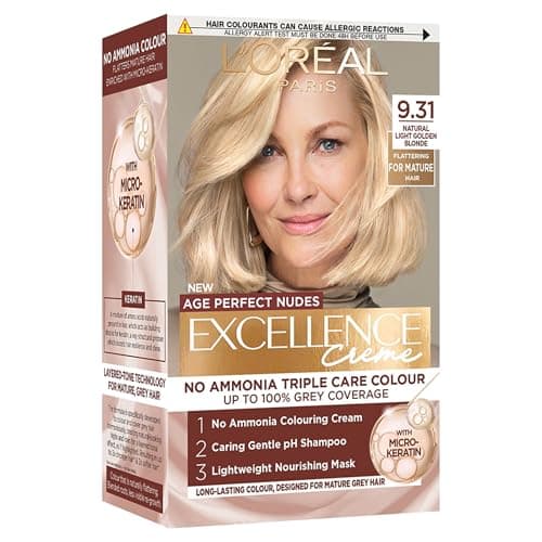 Image of L'Oreal Paris Excellence Age Perfect Nudes Permanent Hair Colour for Mature Hair, No Ammonia Triple Care Routine with Micro-Keratin, 100% Grey Coverage, 9.31 Natural Light Golden Blonde