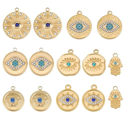 Image of Beebeecraft 14Pcs 7 Styles Evil Eye Charms 18K Gold Plated 304 Stainless Steel Round Rectangle Shape Rhinestone Hamsa Hand Charms for Jewelry Making Necklace DIY Crafts