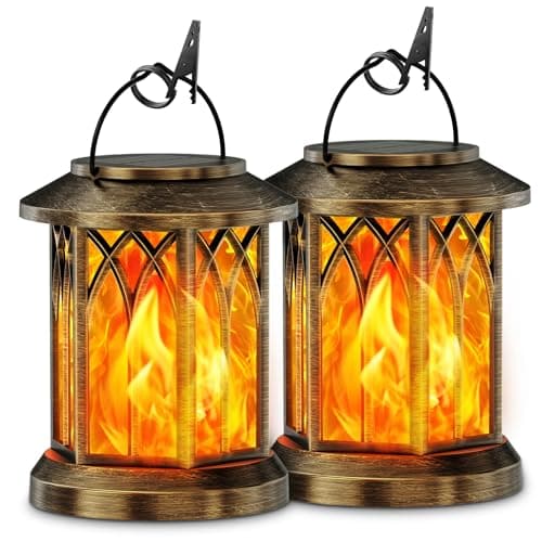 Image of KOOPER Solar Lights Outdoor Garden, 2 Pack Hanging Solar Lanterns with Realistic Flickering Flame LED, Waterproof Garden Ornaments Outdoor Lights Lantern for Decoration, Pathway Lighting