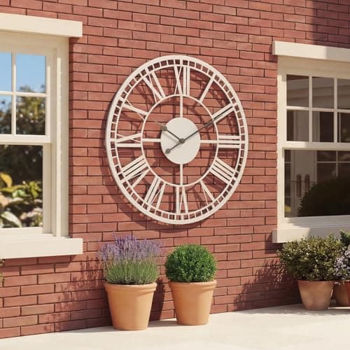 Image of CHARLES BENTLEY Malham Outdoor And Indoor Wall Clock, Grey Coating, Skeleton Design, Metal, Quiet Ticking, Roman Numerals, Giant Open Face, Analog, Patio Clock, Living Room, Kitchen (90x90x4.8cm)
