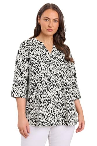 Image of EVANS Curve Abstract Print Pleat Front Henley Top - Women's - Plus Size Curve Black