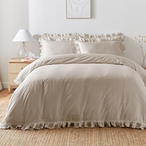 Image of Appletree Natural Frill Duvet Cover Set – Super King Size (260 x 220cm) – 100% Cotton Ruffle Bedding with 2 Pillowcases – Soft Embroidered Look – Romantic Shabby Chic Bed Linen