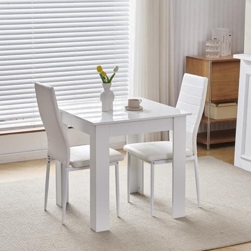 Image of NICEME Compact Dining Set With 2 Chairs for Small Kitchen, Space Saving Table With Glossing Tabletop 75x75 cm (White, 2 Seats, PU White #1)