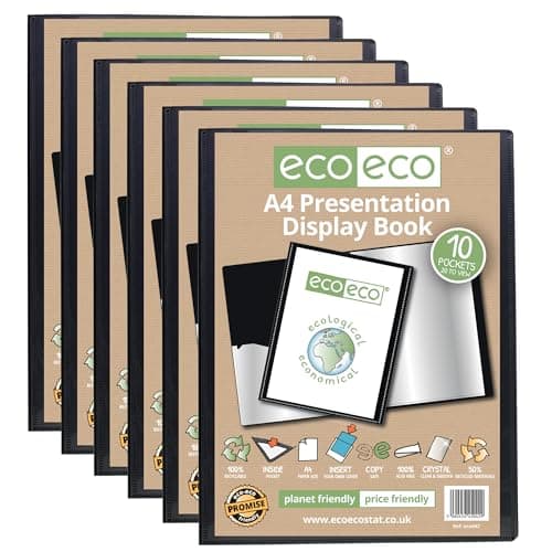 Image of eco-eco A4 Size 50% Recycled 10 Pocket Black Presentation Display Book, Storage Case Portfolio Art Folder with Plastic Sleeves (Pack of 6 Books),Black,eco042x6