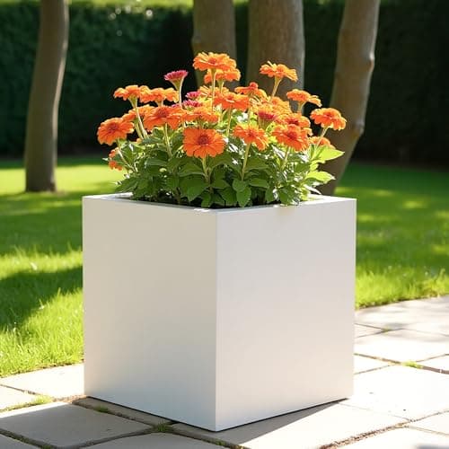 Image of IDEALIST 50cm Large Square Planter for Trees | White Reinforced Stone Flower Pot with Drainage Holes L50 W50 H50 cm, 126 litres