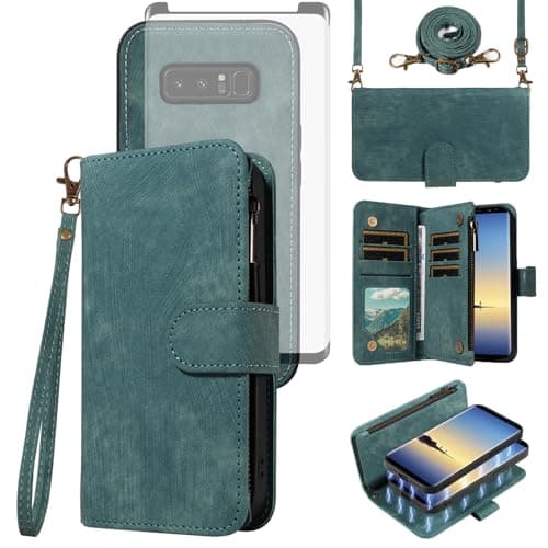 Image of Asuwish Phone Case for Samsung Galaxy Note 8 Zipper Wallet Detachable Magnetic Cover with Tempered Glass Screen Protector Crossbody Lanyard Strap Flip Card Holder Slot Note8 Not S8 Gaxaly Women Blue