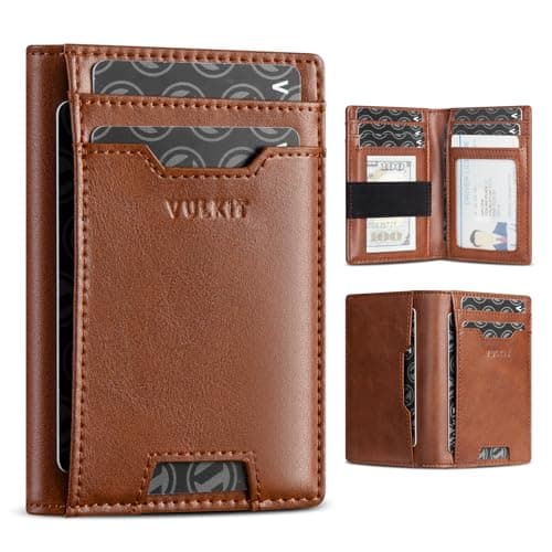 Image of VULKIT Credit Card Holder RFID Blocking Slim Leather Front Pocket Mens Wallet Bank Card Holder Quick Access with 10 Slot and Money Band for Bills or Receipt, Palm-Size Wallet