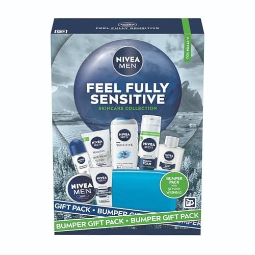 Image of NIVEA MEN Feel Fully Sensitive Skincare Gift Set (8 Products) - Men's Gift Set - Includes Shower Gel, Anti-Perspirant, Face Wash, Shaving Foam, Post Shave Balm, Moisturisers – With Wash Bag