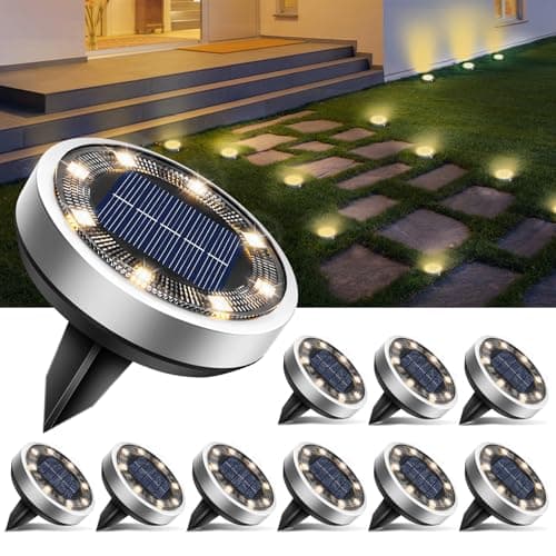 Image of btfarm Solar Lights Outdoor Garden, 10 Pack Solar Ground Lights, 8 LED Solar Disk Lights Outdoor IP65 Waterproof for Garden Pathway Lawn Patio Yard Landscape (Warm White)