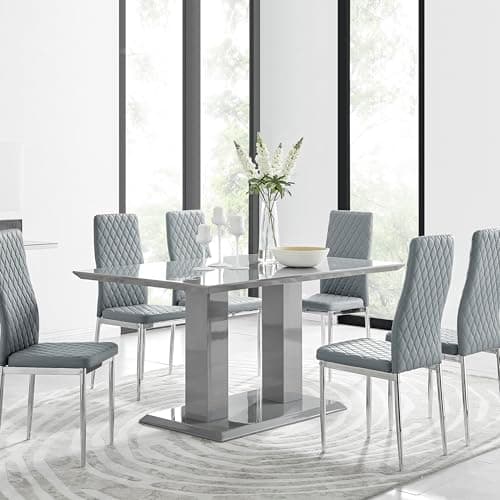 Image of Furniturebox UK Imperia 6 Modern Grey High Gloss Dining Table and 6 Stylish Contemporary Milan Dining Chairs Set (Table + 6 Elephant Grey Milan)
