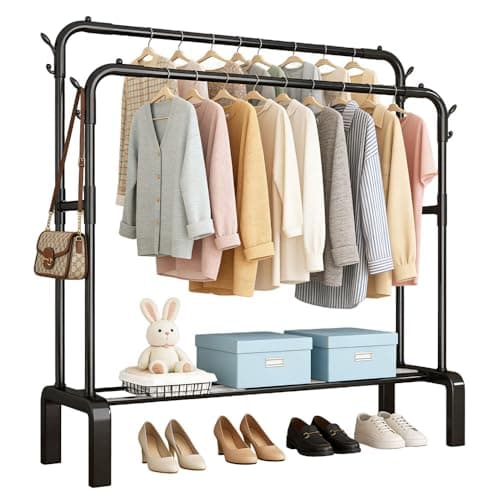 Image of Harmosit Heavy Duty Clothes Rail with Shoe Shelf, Double Hanging Rails and 4 Hooks, 90kg Load Capacity Metal Clothing Rack, Multifunctional Clothes Storage for Bedroom, Office, Shop