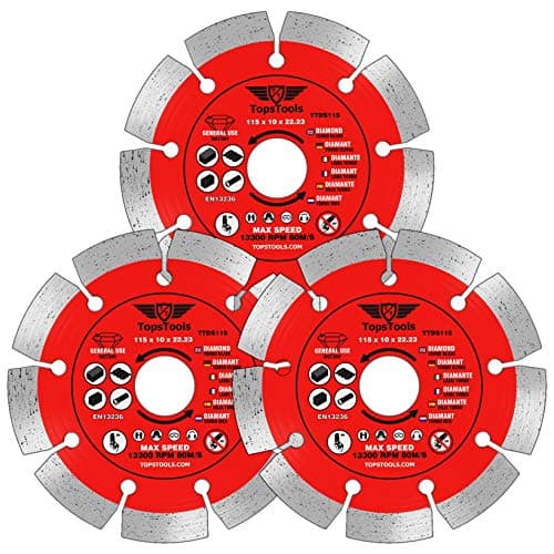 Image of 3 x TopsTools TTDS115_3 115mm (4.5 inch) x 10mm x 22.23mm Bore Segmented Diamond Angle Grinder Circular Saw Blades