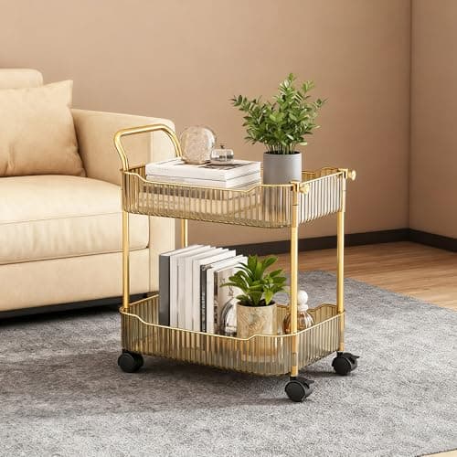 Image of Wiodeiv Storage Trolley on Wheels, Acrylic Beauty Trolleys Makeup Organizers Rolling Utility Cart For Bathroom, Salon,Kitchen, Gold, 2 Tier