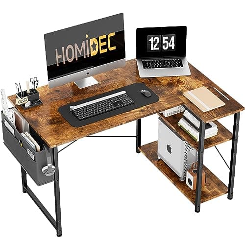 Image of HOMIDEC L Shaped Desk 100CM Computer Desk Study Office Table GamingDesk Writing Table With Bookshelf Reversible Corner Table For Home Office Studio Workstation