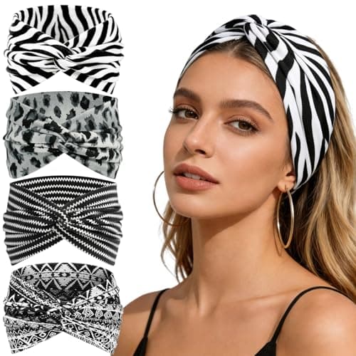 Image of 4 Pcs Knotted Headbands for Women's Hair | Soft Stretchy Thick Headband In Leopard Zebra Tribal Prints | Bandana Headband for Boho Fashion Festival Looks Curly Hair Styling Everyday Wear