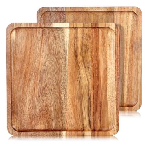 Image of LiWiBet Solid Acacia Wood Serving Plates Set of 2– Square Wooden Serving Boards for Appetizers, Cheese & Desserts – Ideal Rustic Tableware & Decorative Tray