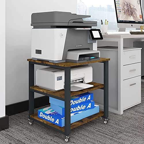 Image of PUNCIA 3-Tier Laser Printer Stand with Storage 50x50x57.5cm Large Printer Table on Wheels Under Desk Storage Trolley Heavy Duty Rolling Cart Movable Rack Fax Scanner Shelf for Home Office (Retro)