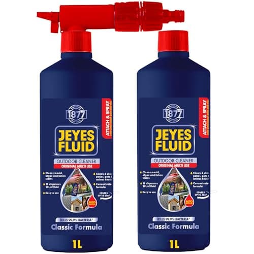 Image of Jeyes Fluid Outdoor Cleaner Attach & Spray 2 x 1L – Hose-On Patio Cleaner – No Dilution, Makes 40L Disinfectant (Covers 100m²) – Classic Formula for Patios, Greenhouses, Kennels – Kills 99.9% Bacteria