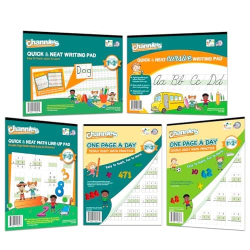 Image of Best Value Channie’s Visual Math, Handwriting, and Cursive Bonus Pack of 5 Separate Workbooks, Grades 1st – 3rd, Size 8.5” x 11” with Free Alphabet Card