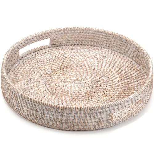 Image of 30cm Round Rattan Tray, Hand Woven Serving Tray with Handles, Wicker Serving Basket, Decorative Tray for Home Decor, Whitewash