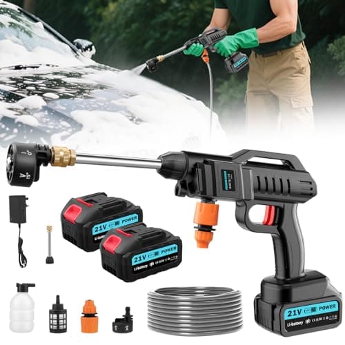 Image of Cordless Pressure Washer, 21V Portable Pressure Washer, 62 Bar/899 PSI High-pressure Washer Battery Handheld Power Washer with 6-in-1 Adjustable Nozzle, 5M Hose, 2 Battery for Car/Floor/Patio Cleaning