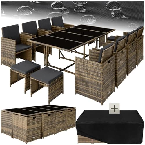 Image of tectake Polyrattan Garden Furniture Set, Including 8 Dining Chairs, 1 Table, 4 Stools, Foldable Garden Lounge Set, For Up To 12 People, Patio Furniture, Including Protective Cover - nature/dark grey