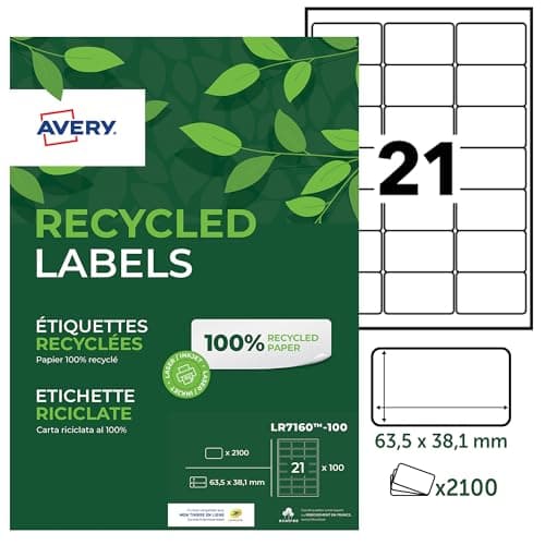 Image of Avery Self Adhesive Recycled Address Mailing Labels, Laser Printers, 21 Labels Per A4 Sheet, 2100 labels, QuickPEEL (LR7160), white, 63.5 x 38.1 mm