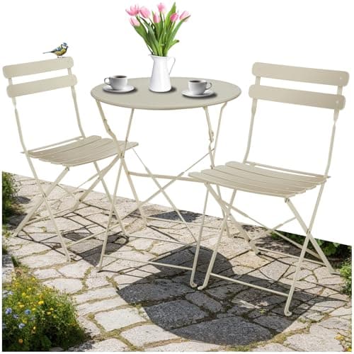 Image of tectake® Bistro Set with 1 Garden Table & 2 Chairs, Foldable Design with Stylish Slats, Steel Frame, Floor-Protective & Non-Slip Feet, No Assembly - Garden Furniture for Patio & Balcony - Cream
