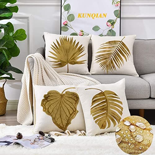 Image of Outdoor Cushion Covers Tropical Golden Palm Leaves Waterproof Throw Pillow Covers Set of 4 Outside Couch Decorative for Bench Chair Sofa Furniture Linen 18x18inch (45x45cm)