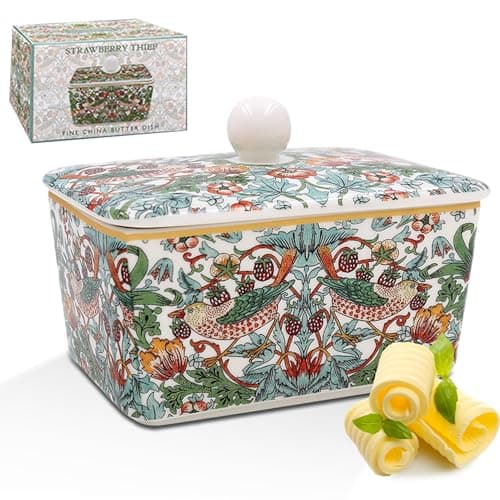 Image of The Leonardo Collection William Morris Strawberry Thief Butter Dishes for Kitchen & Home | Dishwasher Safe Butter Dish with Lid for Keep Butter Fresh | Durable BPA-Free Butterdish for Butter Storage