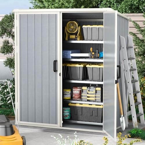 Image of Aoxun 5x3 FT Outdoor Storage Shed with Floor, Plastic Garden Resin Shed for Patio, Lawn, Small Garden Shed Waterproof Plastic Tool Shed with Sloped Roof for Bike, Garbage Can, Tools, Grey