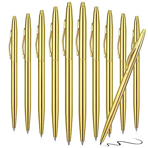 Image of umorismo 10 PCS Metal Ballpoint Pens, Retractable Slim Ballpoint Pens Oily Ballpoint Pen Metal Business Ballpoint Pen Lightweight Black Ink Biro Pen for Hotel Bank Counter School Office Supplies Gold