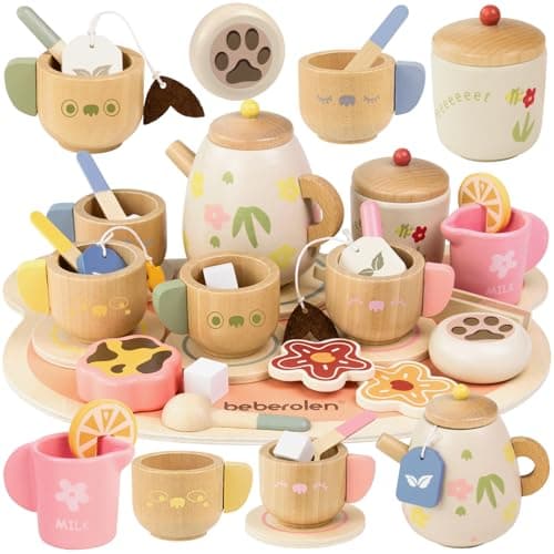 Image of Beberolen Wooden Tea Set for Toddlers, 31PCS Play Food for Children Kitchen Accessories, Pretend Play Educational Toys Kid Girls and Boys Birthday Gifts Afternoon Tea Party Teapot & Picnic Role Play